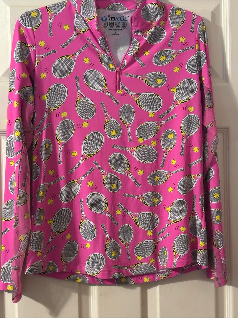IBKUL Womens Hot Pink Tennis Racket Print Long Sleeve Quarter-Zip Top